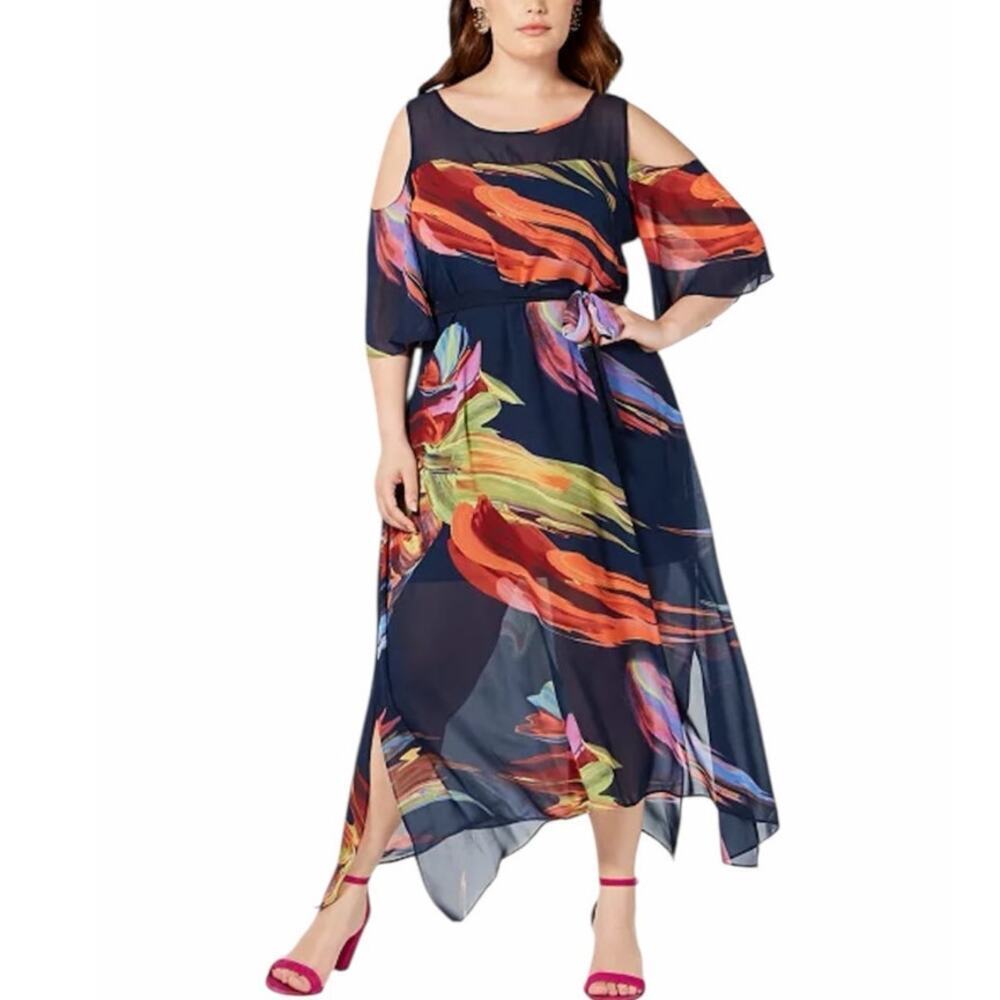 Robbie Be Plus Size Cold Multi Color Shoulder Printed A-Line Maxi Dress 24W - Picture 12 of 15